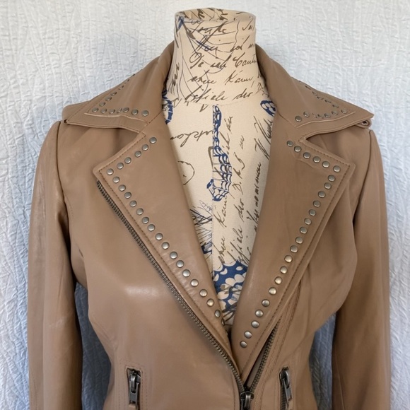 Boston Proper Tan Leather Studded Moto Jacket - Picture 4 of 12